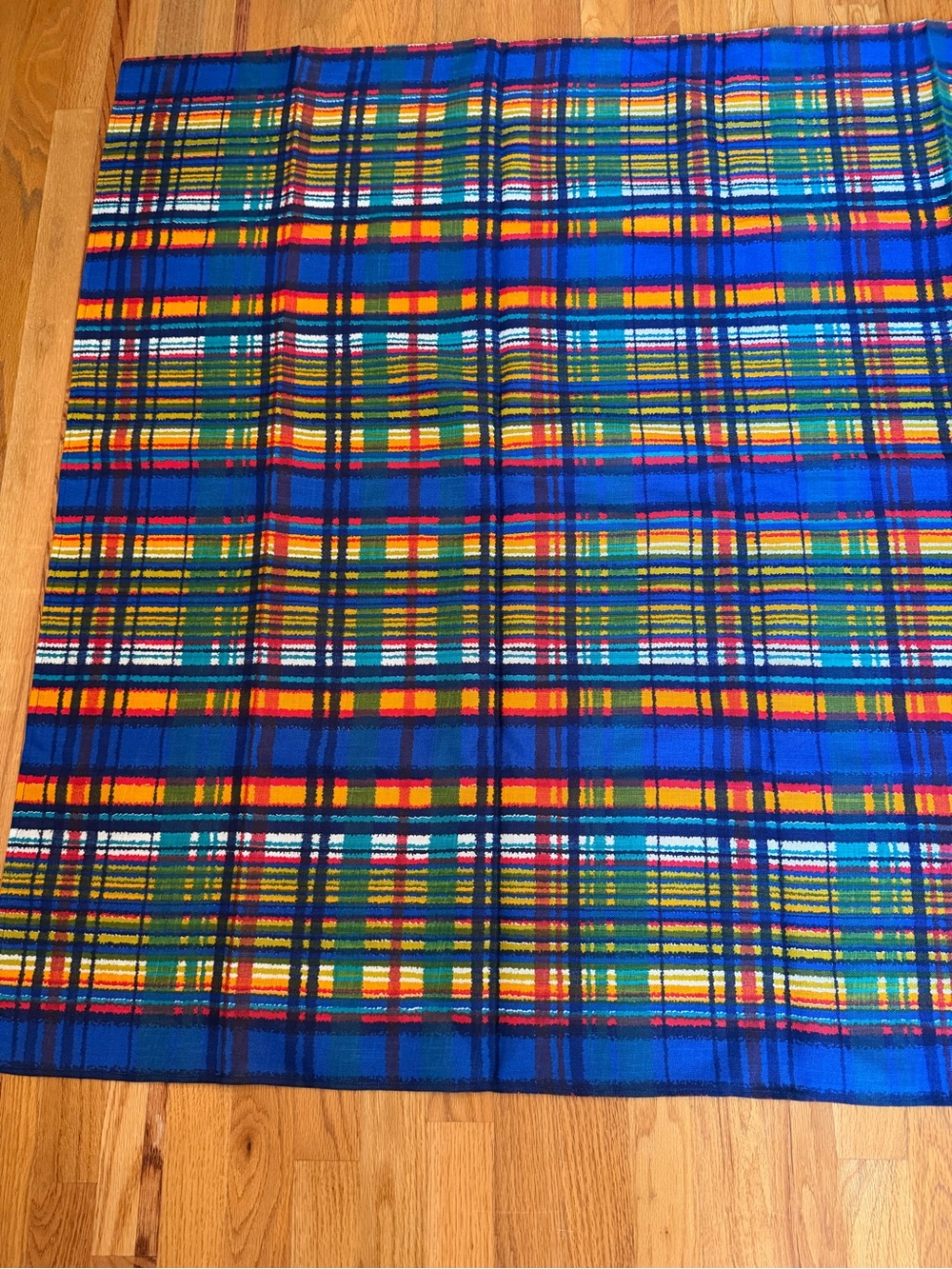 Vintage retro 1970s bright colored plaid tablecloth picnic cloth 74”x44” Mod - Picture 6 of 11